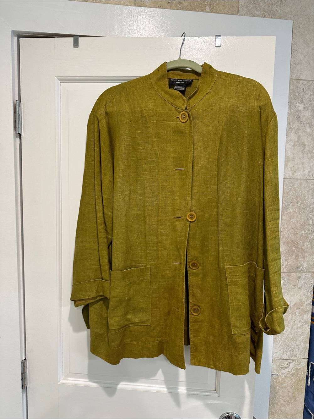 Andrea Jovine Olive-Green Mandarin Collar Button Jacket